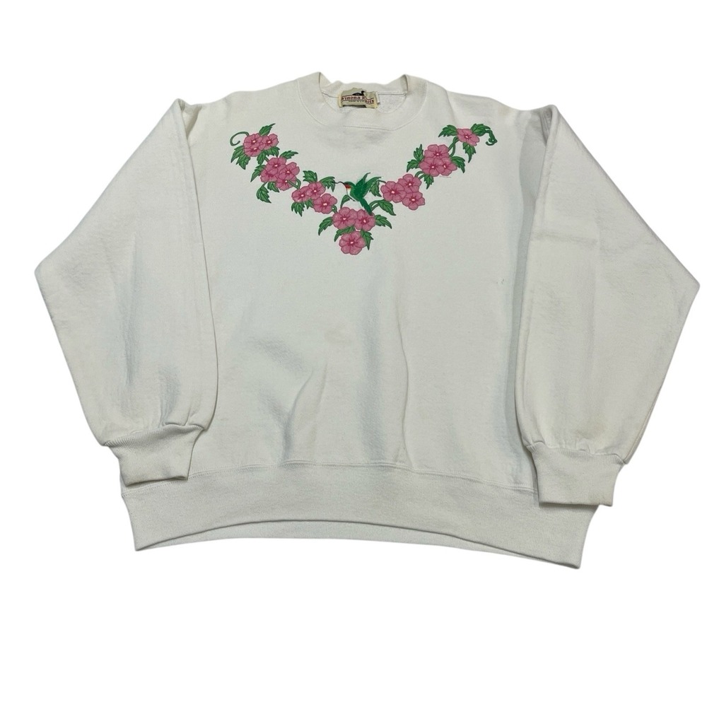Vintage Winona Sweatshirt Women L H White Hummingbird Floral Artwork Grandma 90s